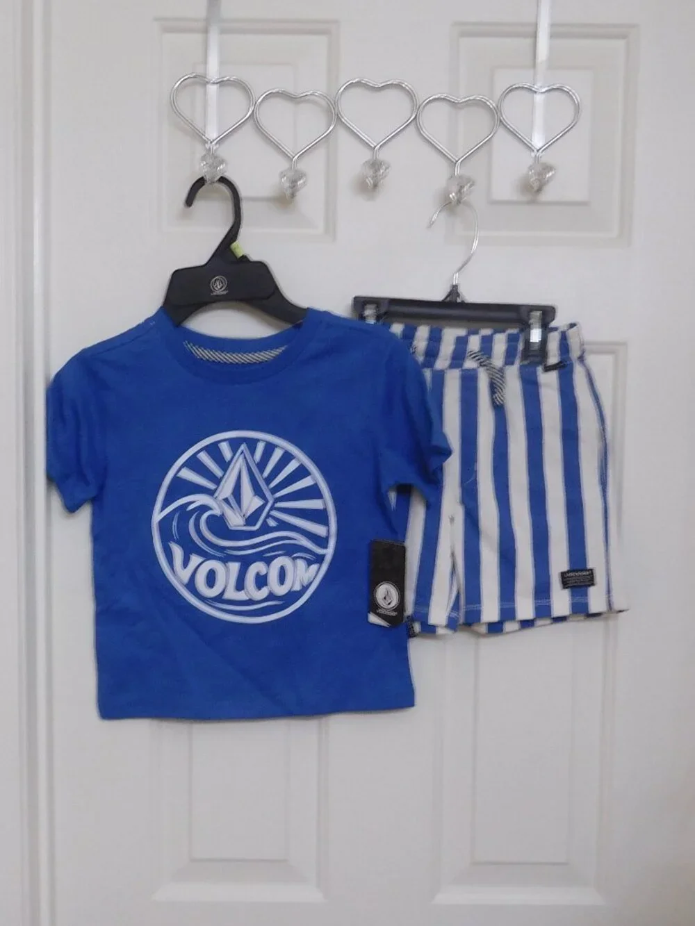 NWT 2pc Volcom Blue White Logo Shirt & Blue Stripe Shorts Set sz 7